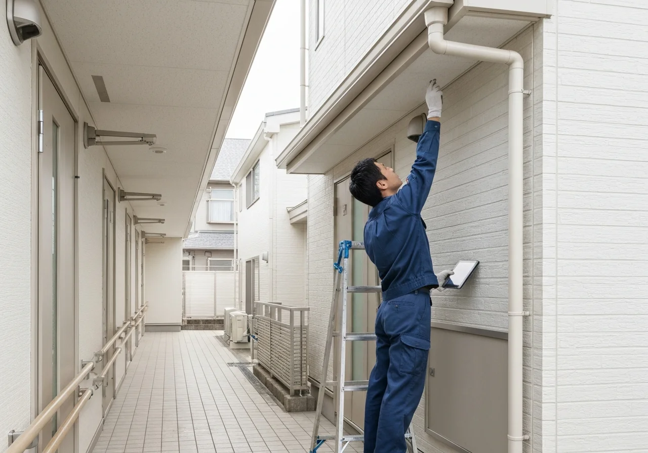 集合住宅の共用廊下で手すりとドアクローザーを調整し終えた直後の通路写真