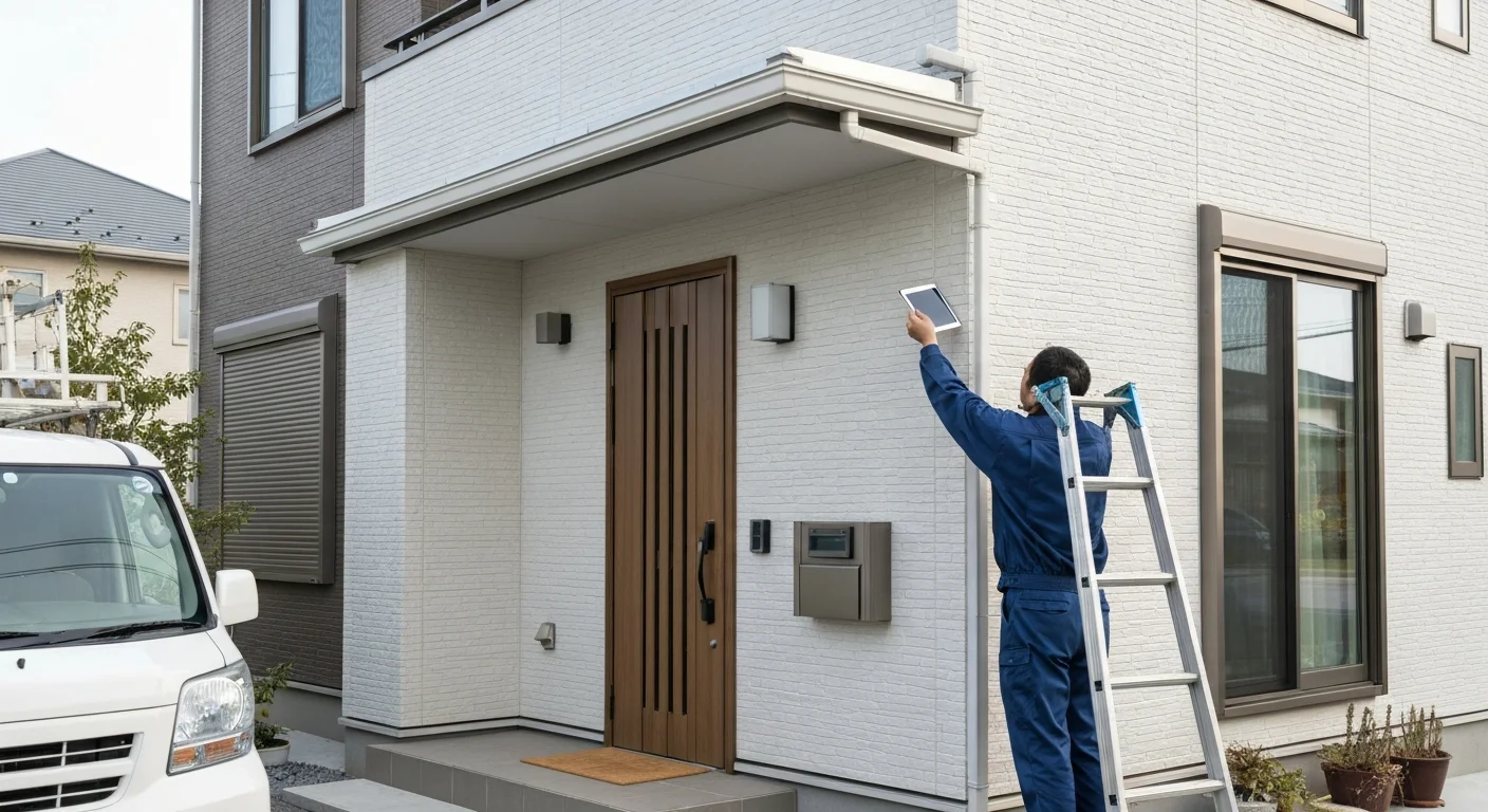 戸建て住宅の外壁と玄関まわりを夕方の光で広く捉えた写真、点検車両が脇に止まり修繕訪問の様子が伝わる構図