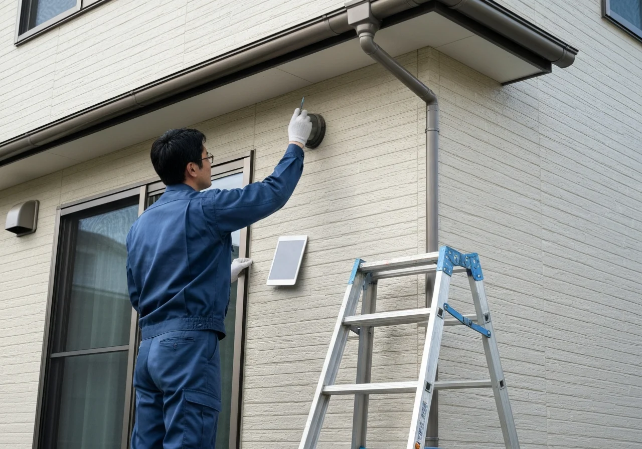 戸建て住宅の屋根と外壁を足場越しに確認し、割れや浮きが見える箇所を調べている写真