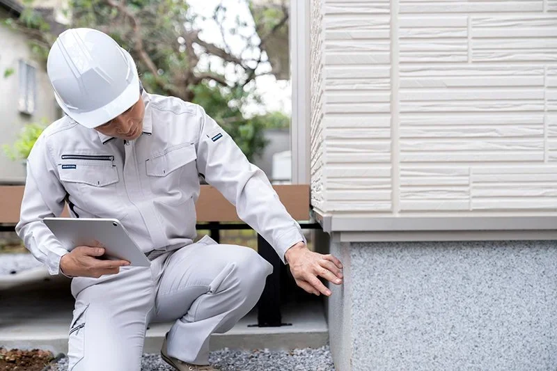 住宅の外まわりで補修前の箇所を確認し、図面と点検道具を手元に置いた現場写真